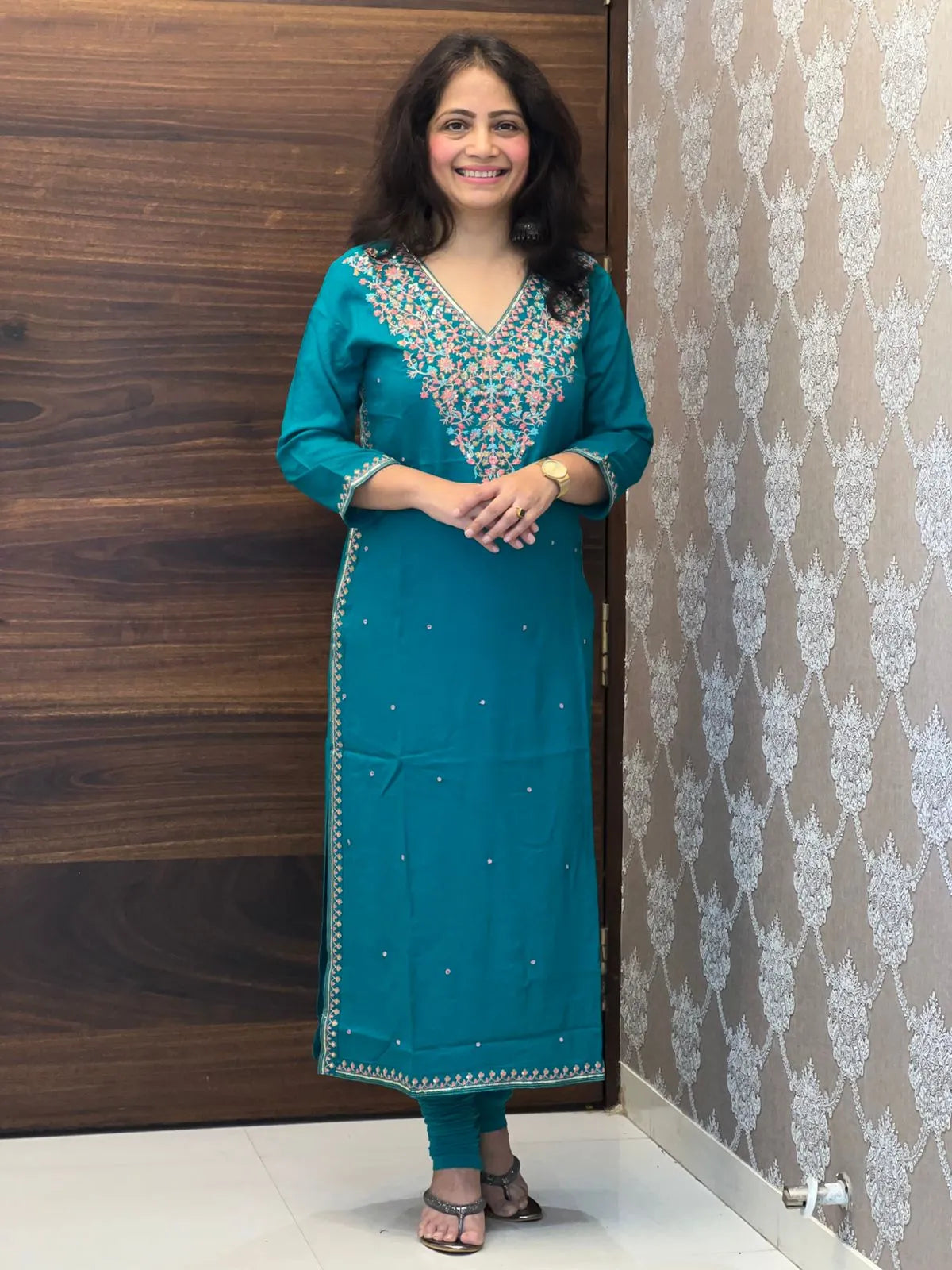 Deep Teal Color Kashmiri Embroidery Kurti