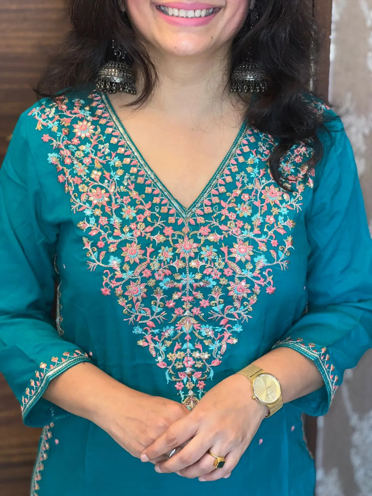 Deep Teal Color Kashmiri Embroidery Kurti
