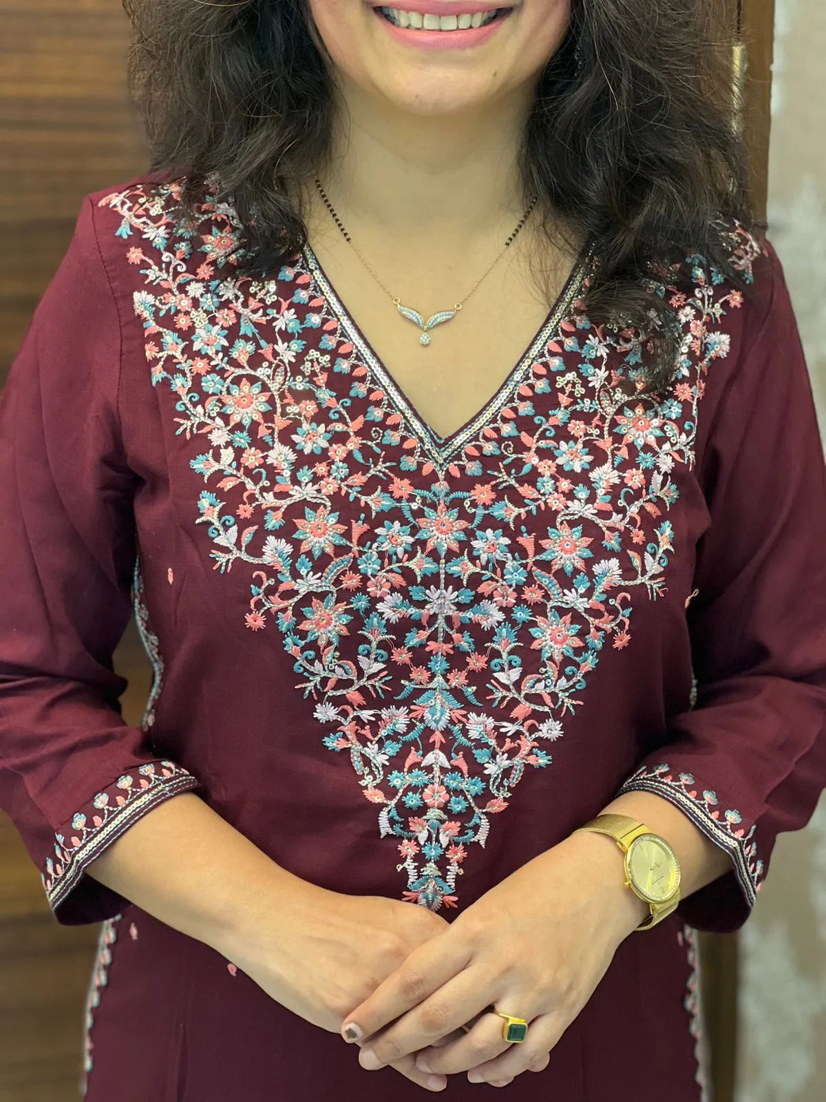Wine Color Kashmiri Embroidery Kurti