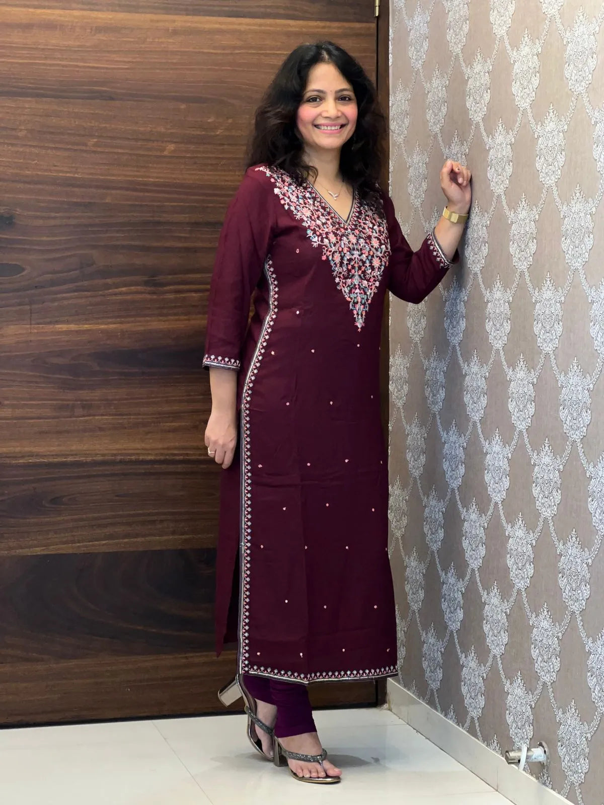 Wine Color Kashmiri Embroidery Kurti