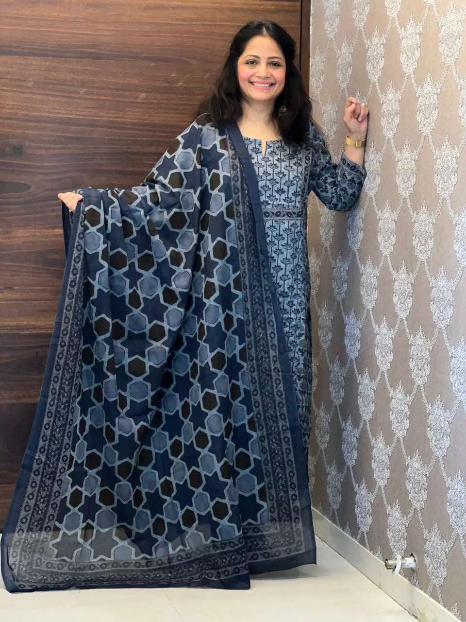 Slate Blue Pure Cotton Dupatta Set