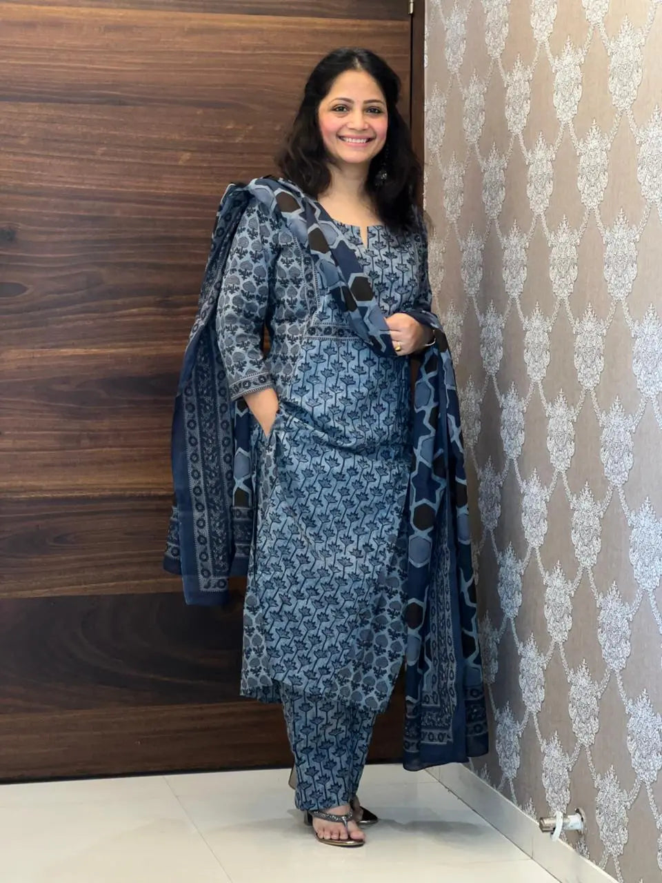 Slate Blue Pure Cotton Dupatta Set