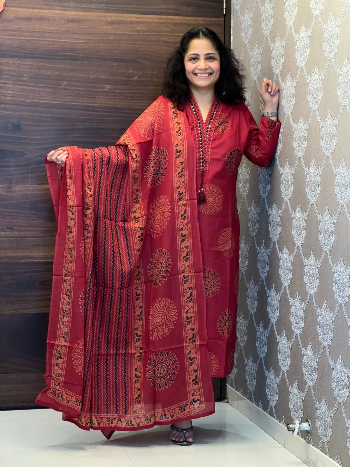Red Color Pure Cotton Dupatta Set