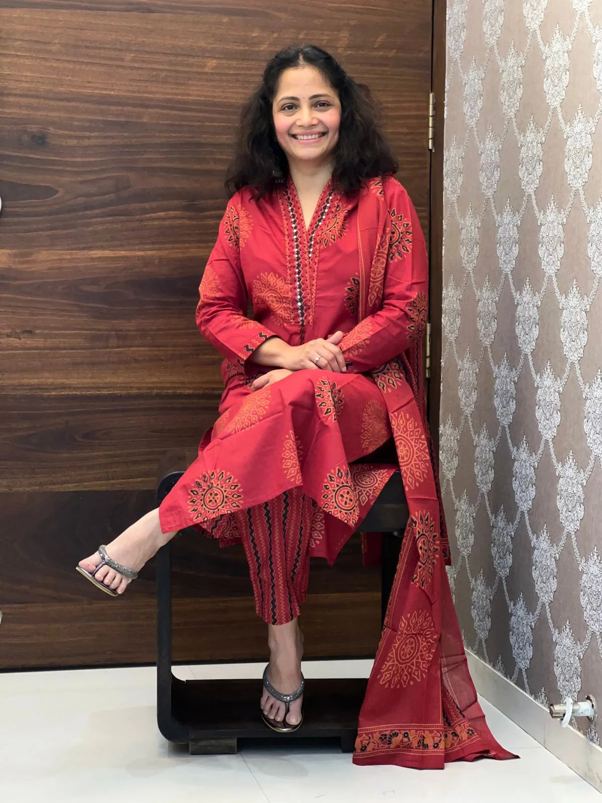 Red Color Pure Cotton Dupatta Set