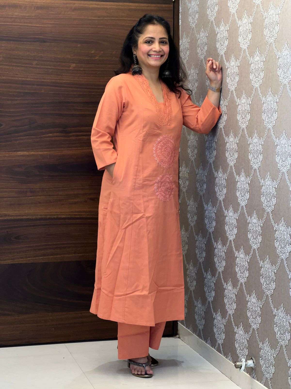 Peach Color A Line Kurti With Pants