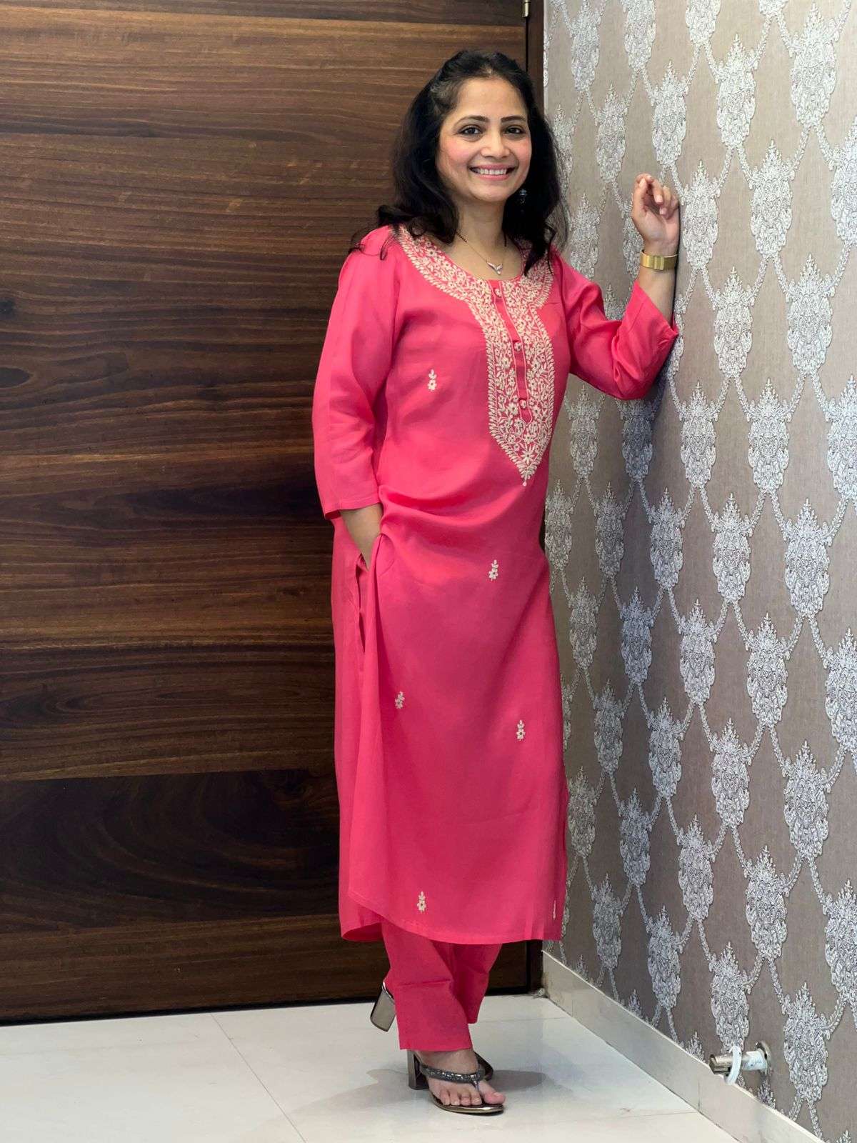 Coral Pink Color Kurti With Pants