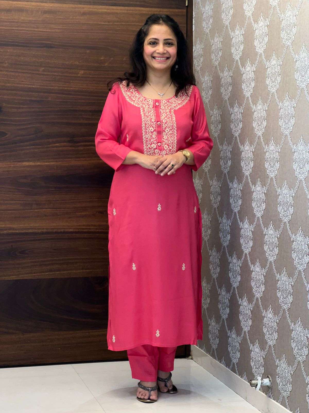 Coral Pink Color Kurti With Pants