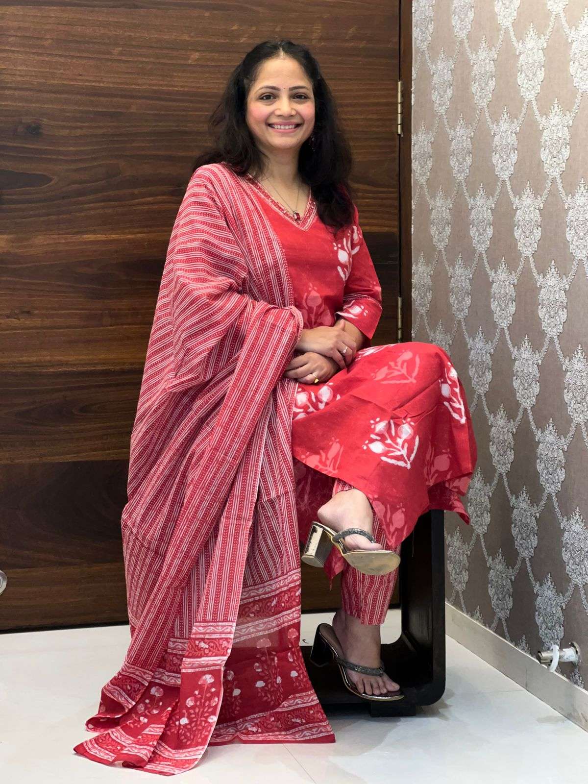 Block Printed Rose Color Dupatta Set