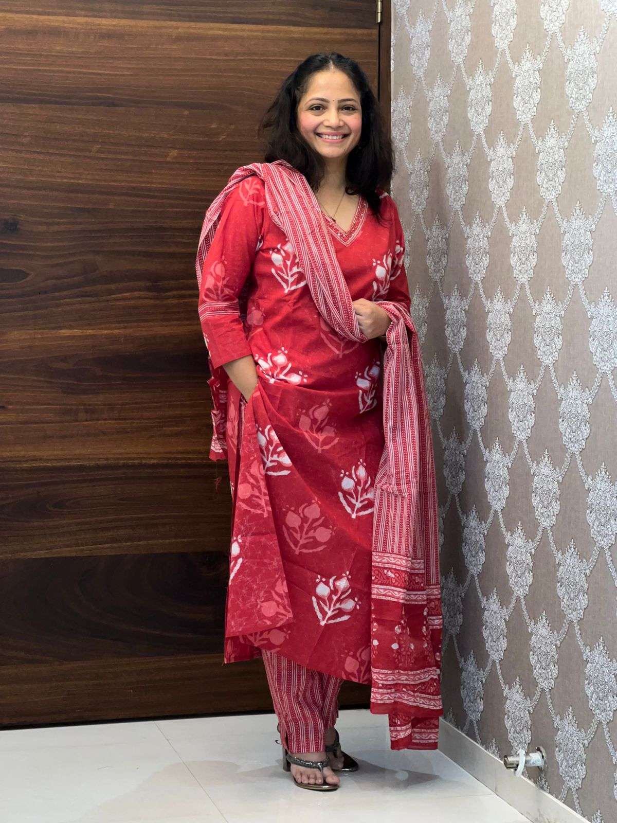 Block Printed Rose Color Dupatta Set