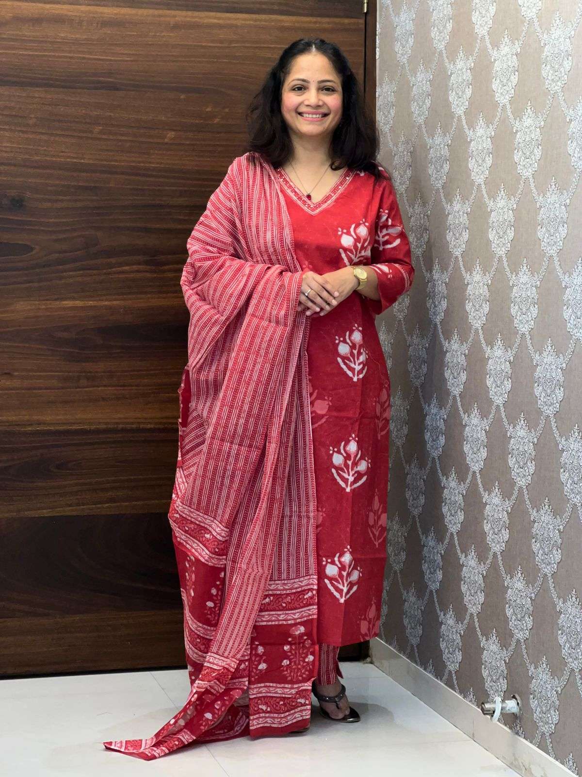 Block Printed Rose Color Dupatta Set