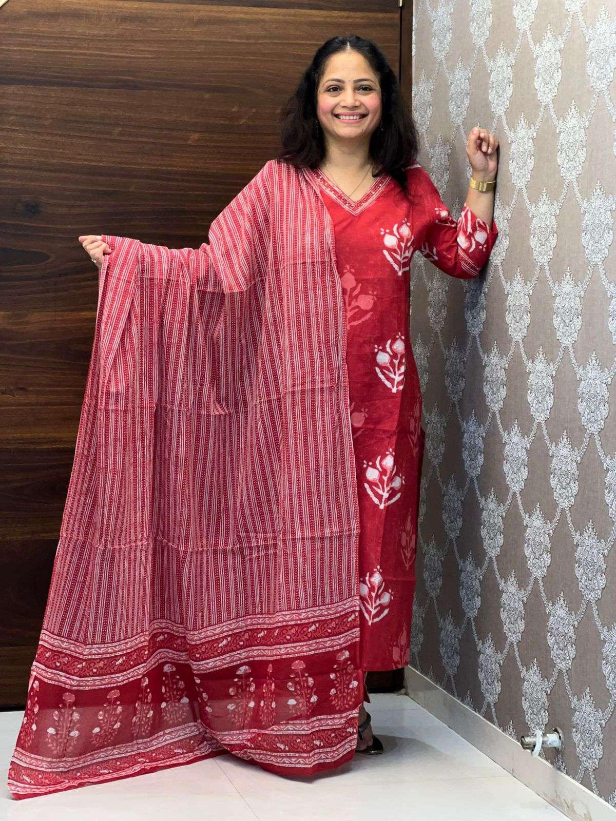 Block Printed Rose Color Dupatta Set