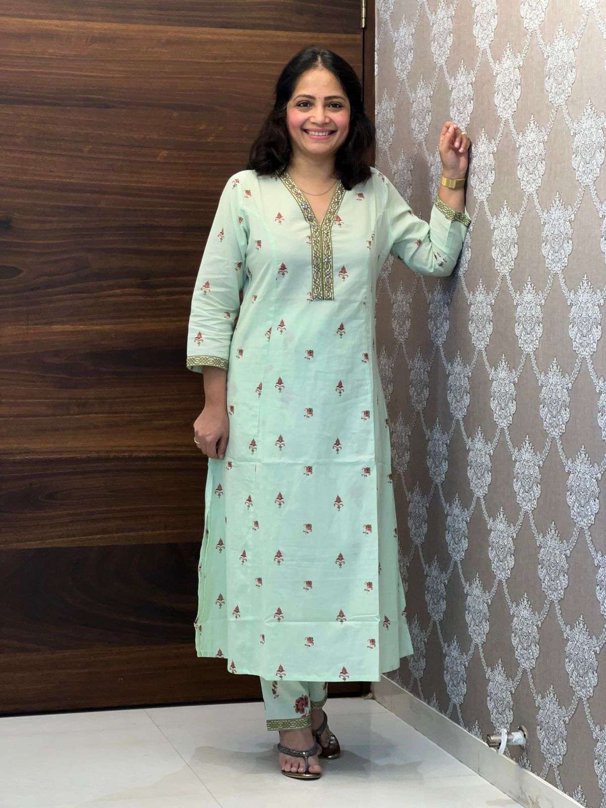 Hand-Block Printed Pista Color A Line Dupatta Set