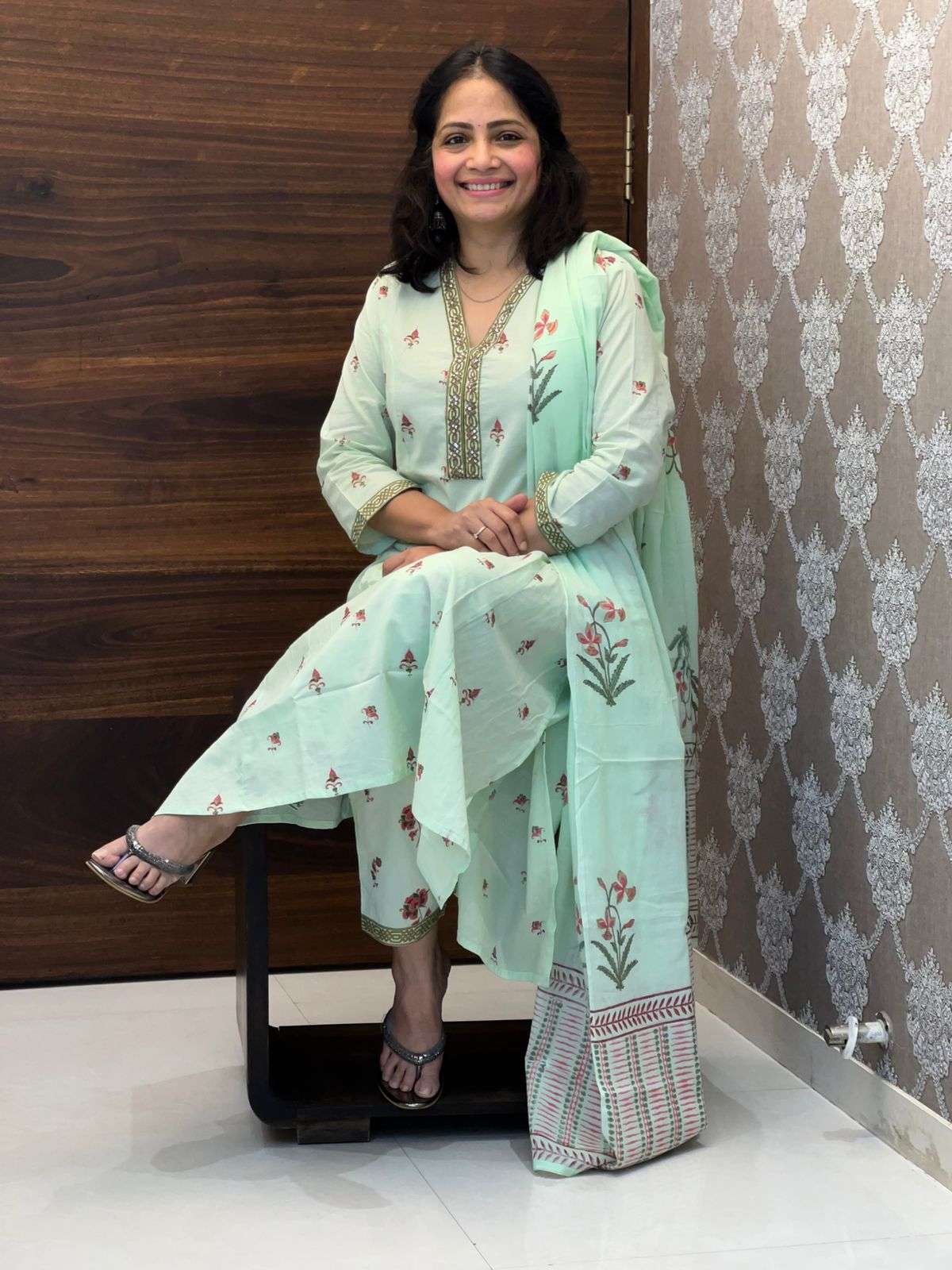 Hand-Block Printed Pista Color A Line Dupatta Set