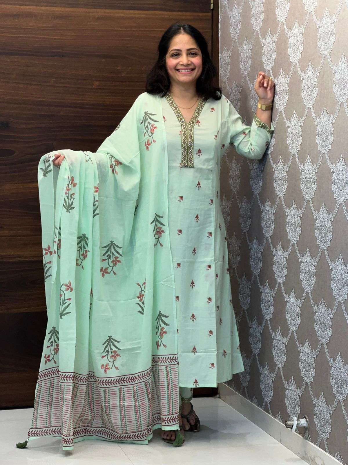 Hand-Block Printed Pista Color A Line Dupatta Set