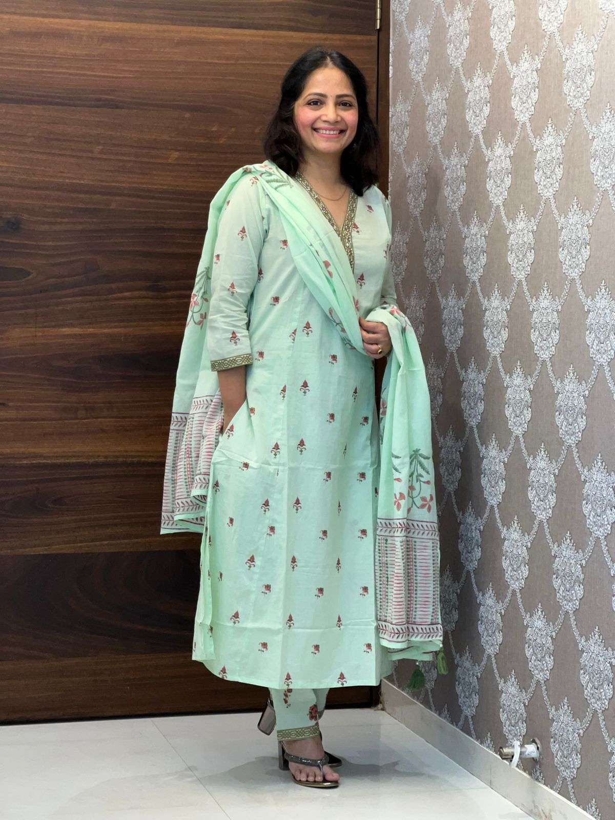 Hand-Block Printed Pista Color A Line Dupatta Set