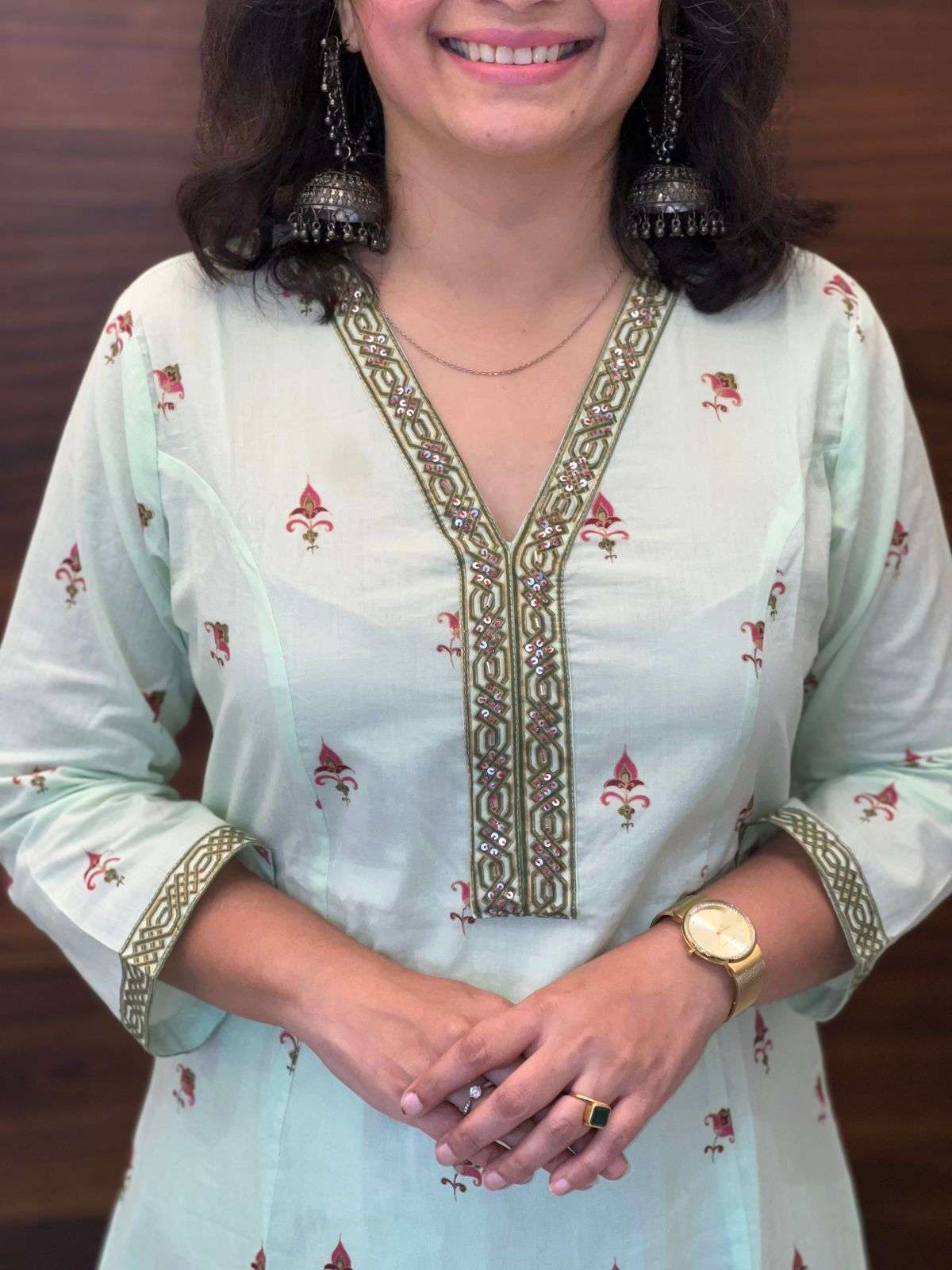 Hand-Block Printed Pista Color A Line Dupatta Set