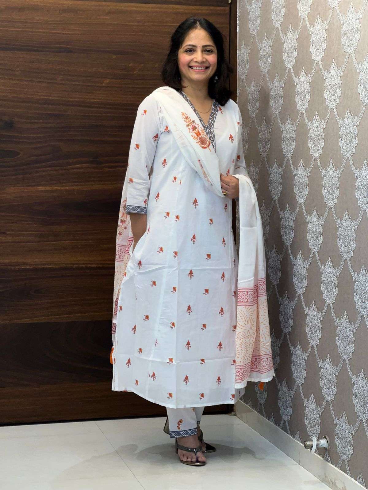 Hand-Block Printed White Color A Line Dupatta Set