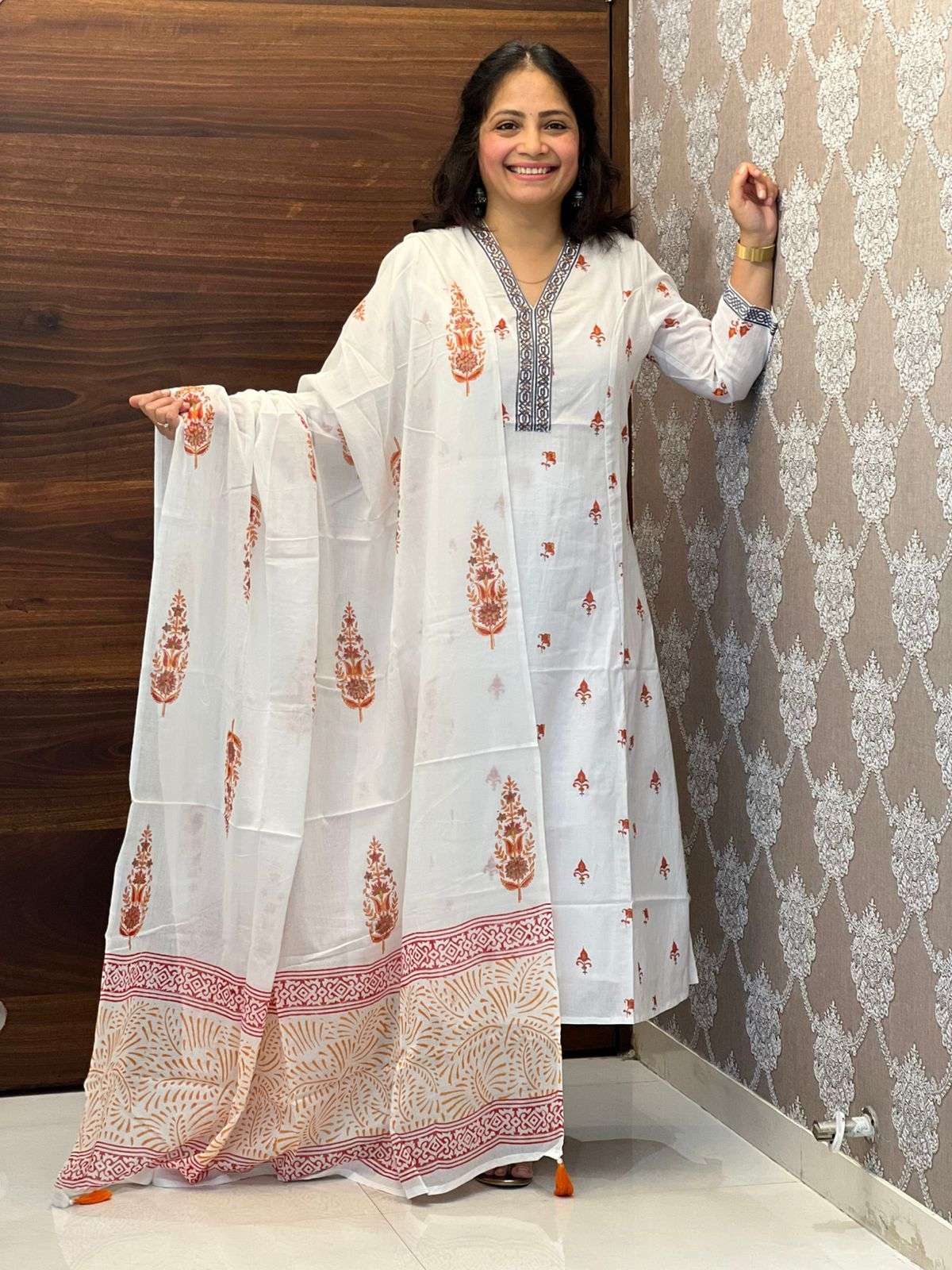 Hand-Block Printed White Color A Line Dupatta Set