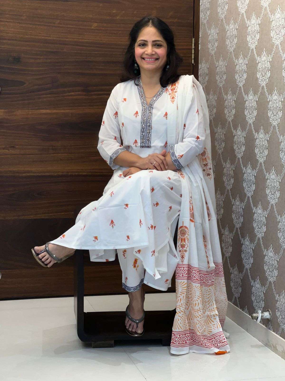 Hand-Block Printed White Color A Line Dupatta Set