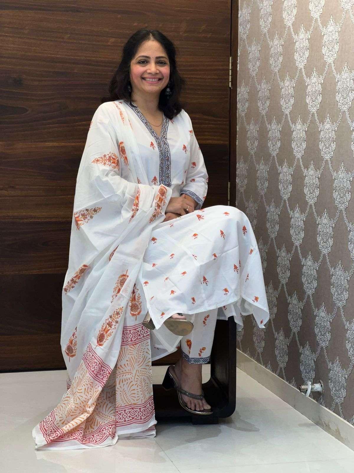 Hand-Block Printed White Color A Line Dupatta Set
