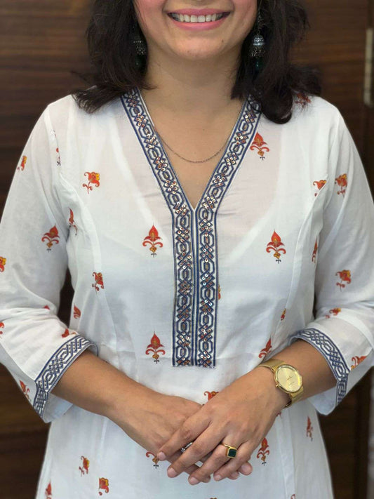 Hand-Block Printed White Color A Line Dupatta Set