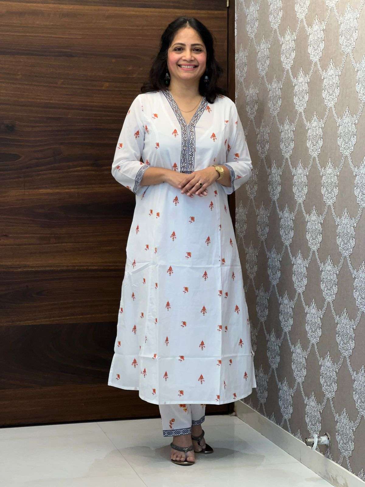 Hand-Block Printed White Color A Line Dupatta Set