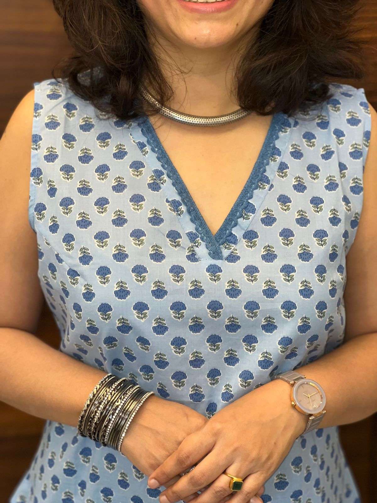 Blue-White Sleeveless Pure Cotton Dupatta Set