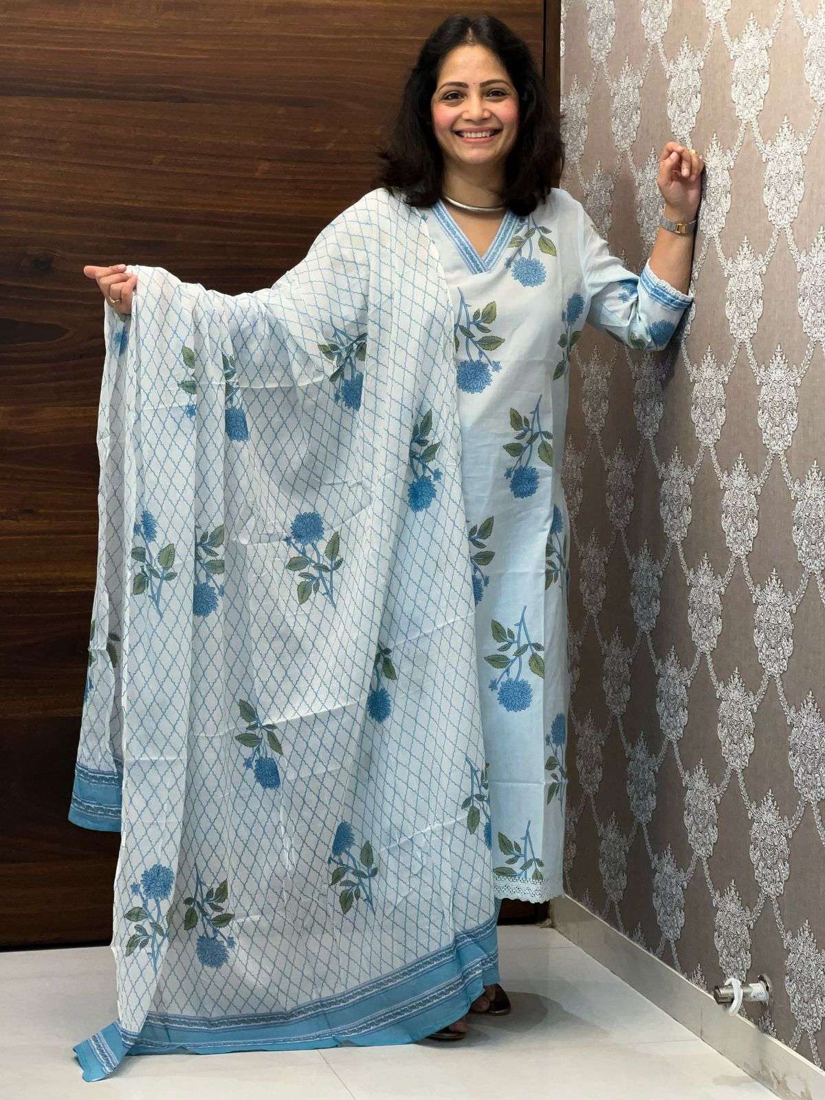 Blue Floral Pure Cotton Dupatta Set