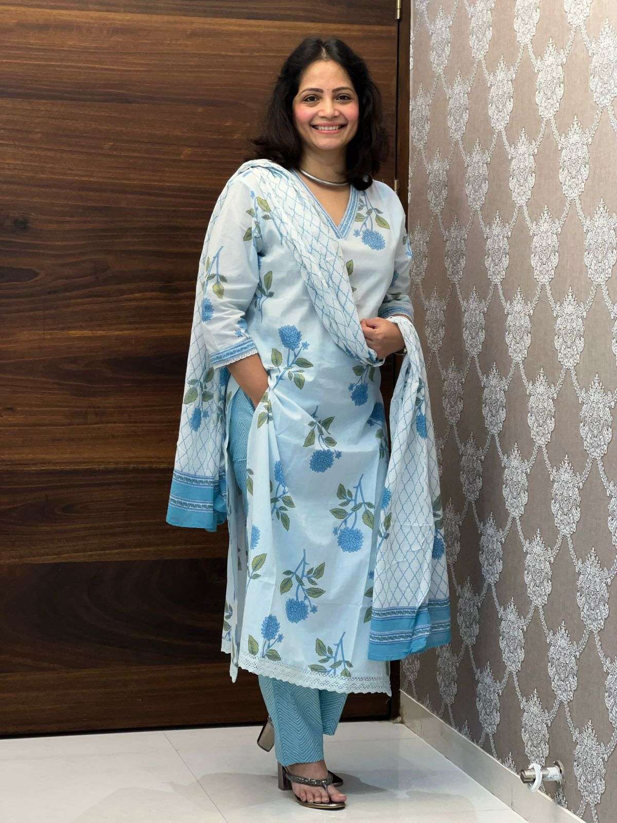 Blue Floral Pure Cotton Dupatta Set