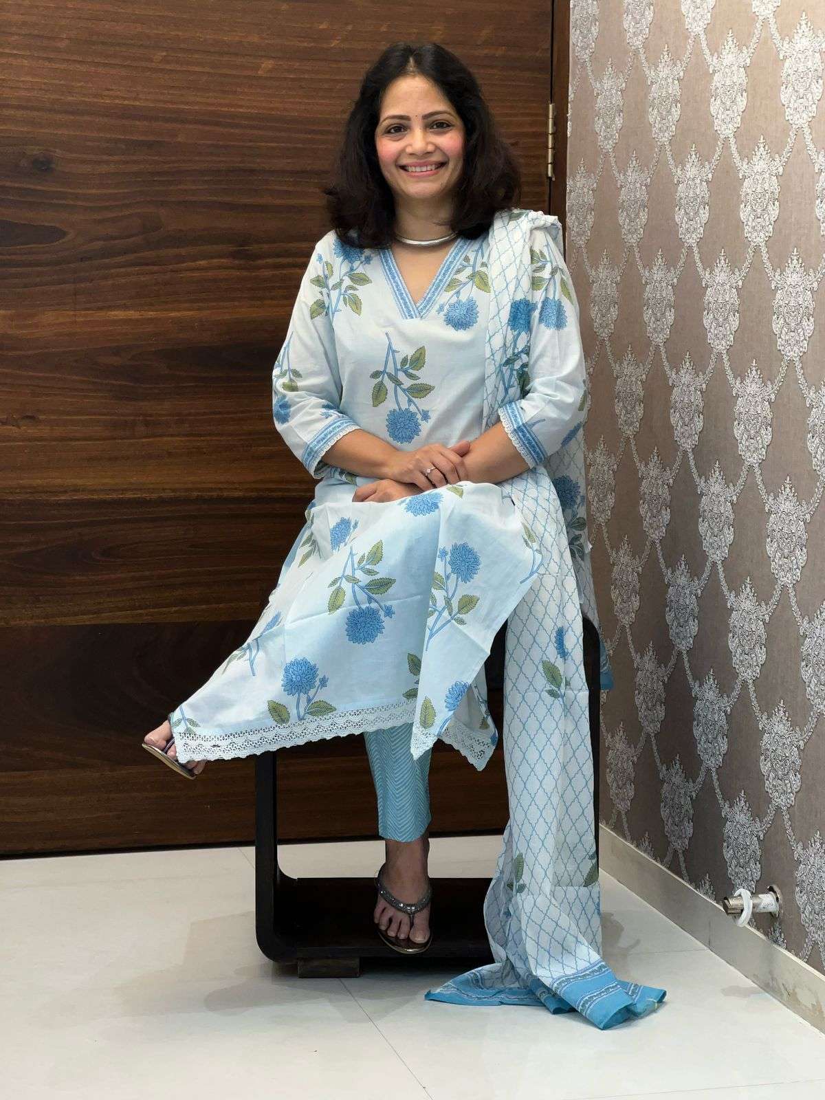 Blue Floral Pure Cotton Dupatta Set