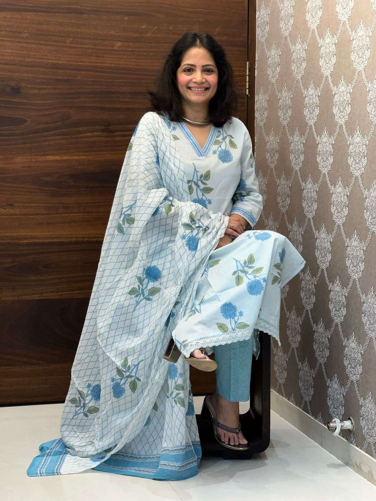 Blue Floral Pure Cotton Dupatta Set