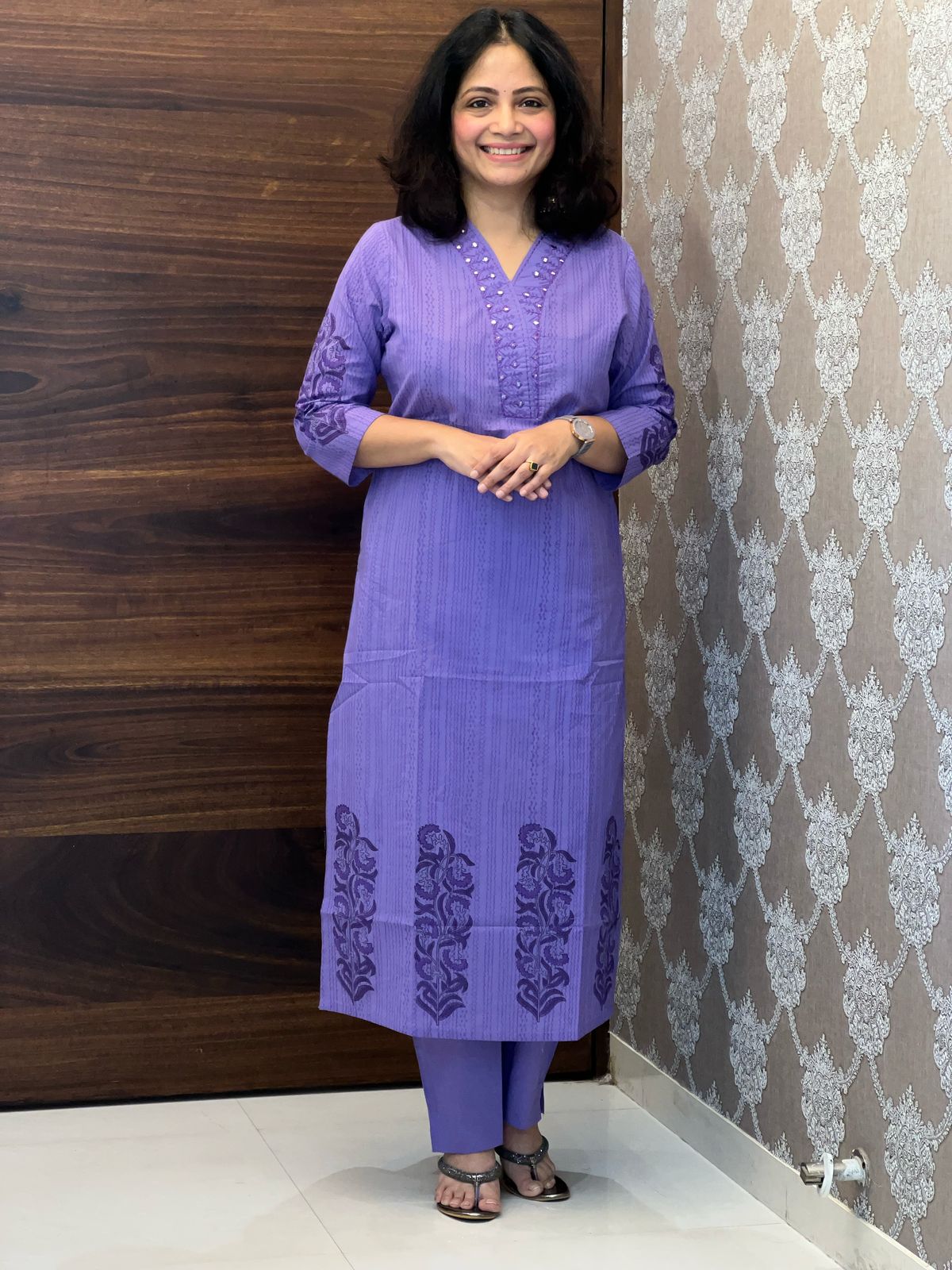 Purple Color Placement Print Pure Cotton Dupatta Set