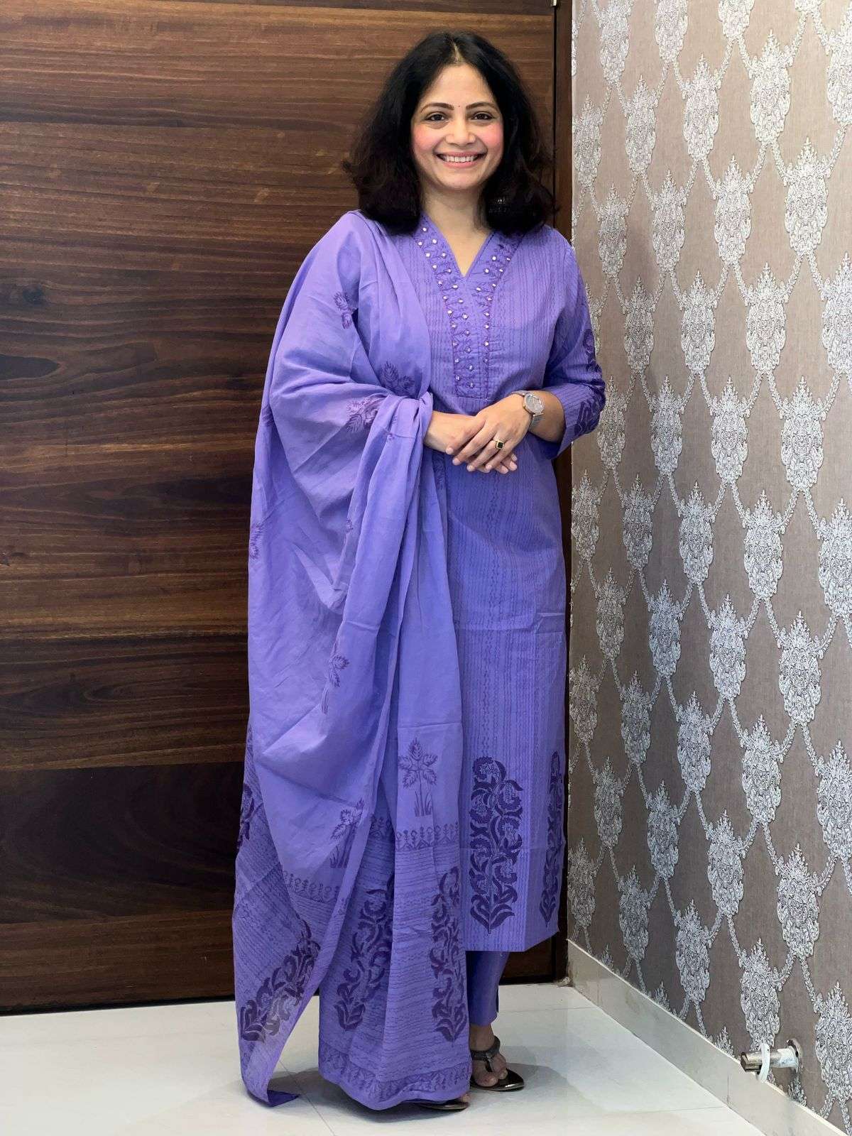 Purple Color Placement Print Pure Cotton Dupatta Set