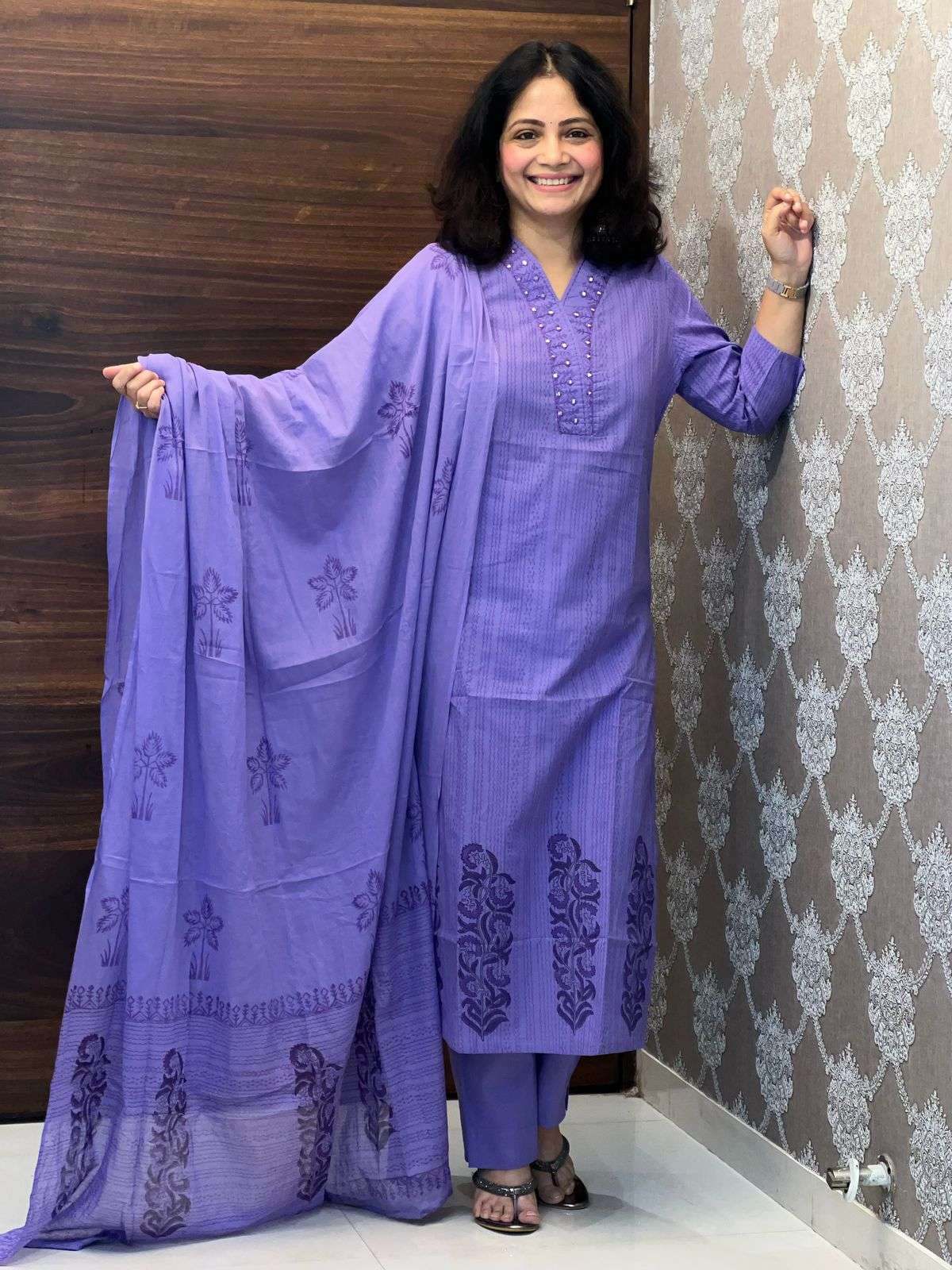 Purple Color Placement Print Pure Cotton Dupatta Set