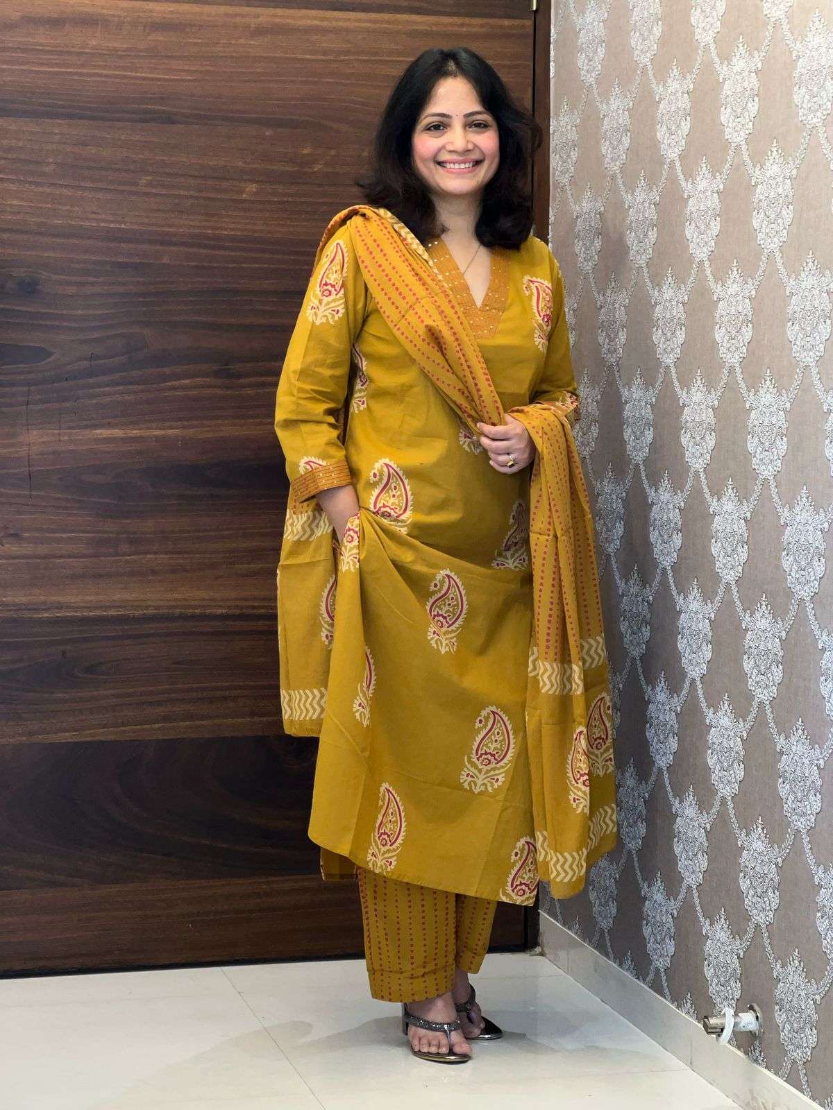 Hand Block Print Mustard Color Pure Cotton Dupatta Set
