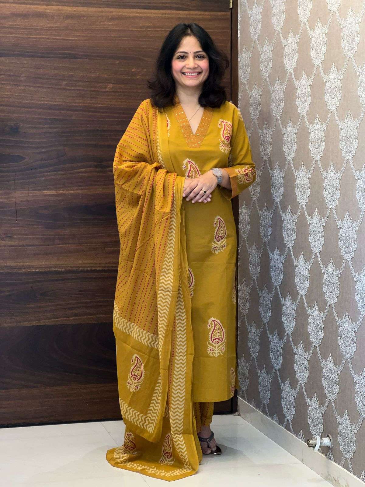 Hand Block Print Mustard Color Pure Cotton Dupatta Set