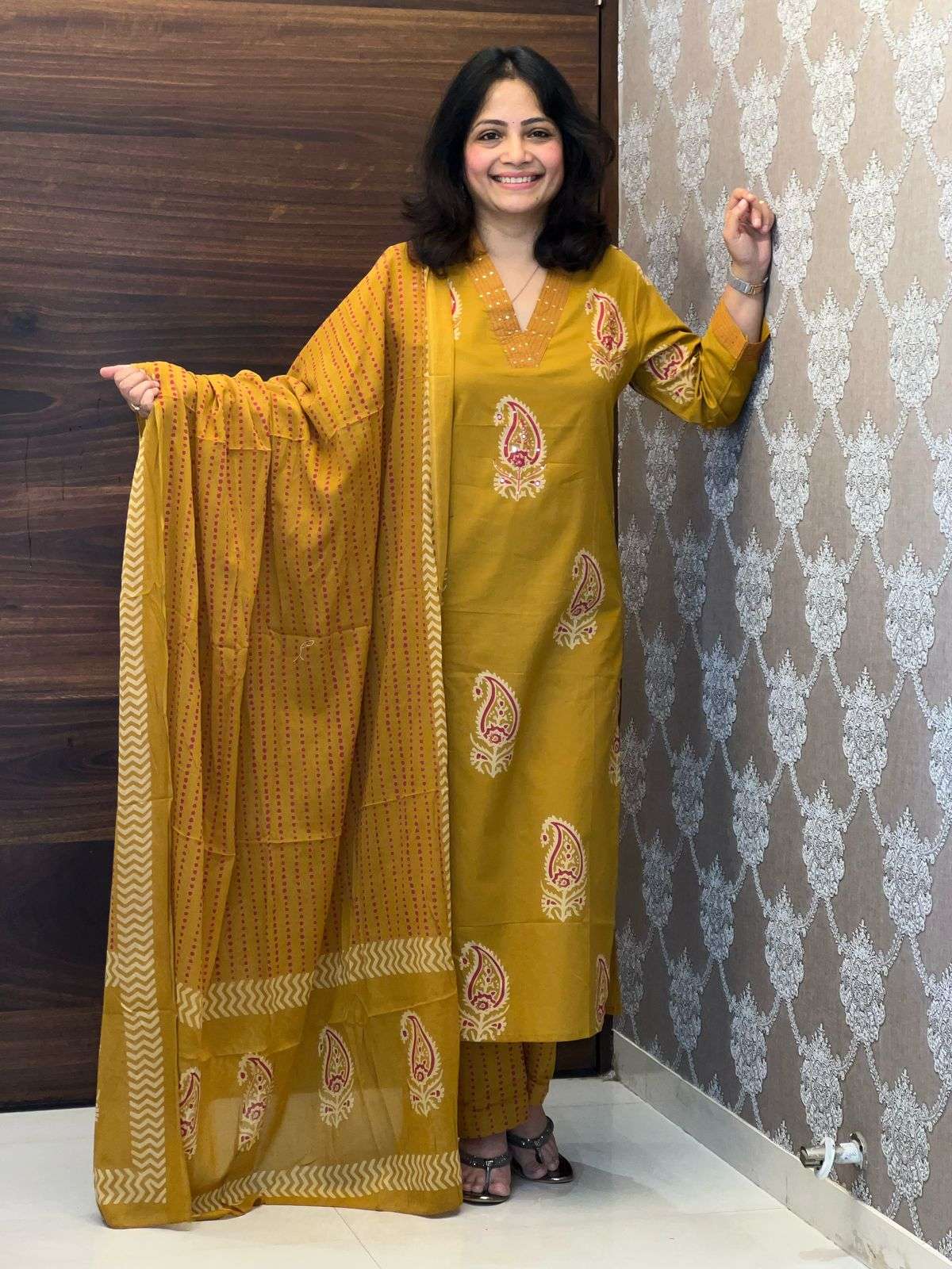 Hand Block Print Mustard Color Pure Cotton Dupatta Set