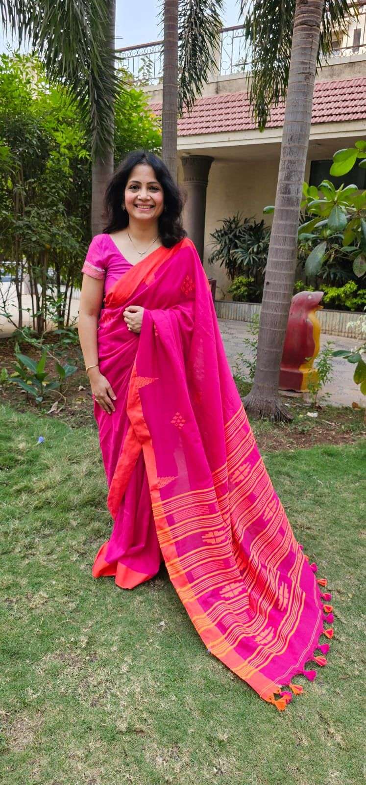 Organic Linen Khadi Pink-Orange Color Saree