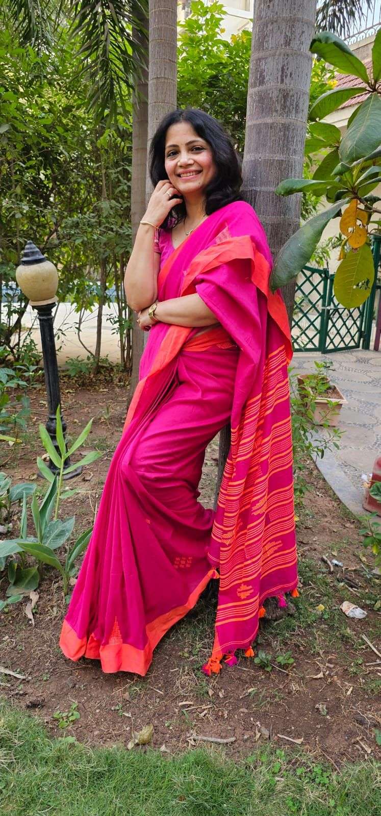 Organic Linen Khadi Pink-Orange Color Saree