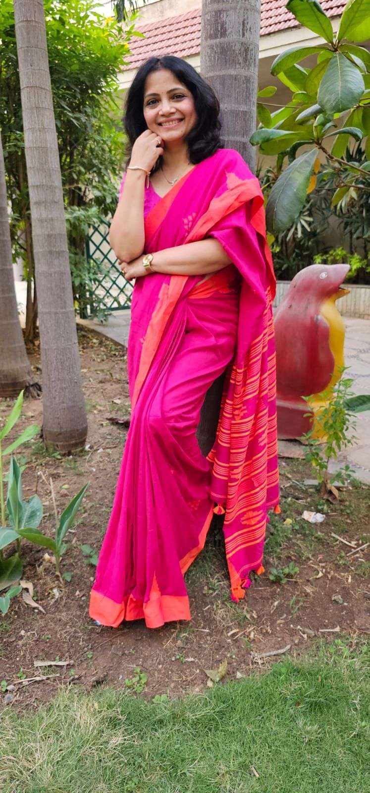 Organic Linen Khadi Pink-Orange Color Saree