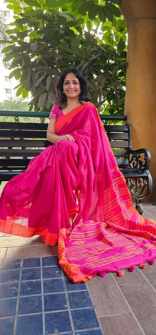 Organic Linen Khadi Pink-Orange Color Saree