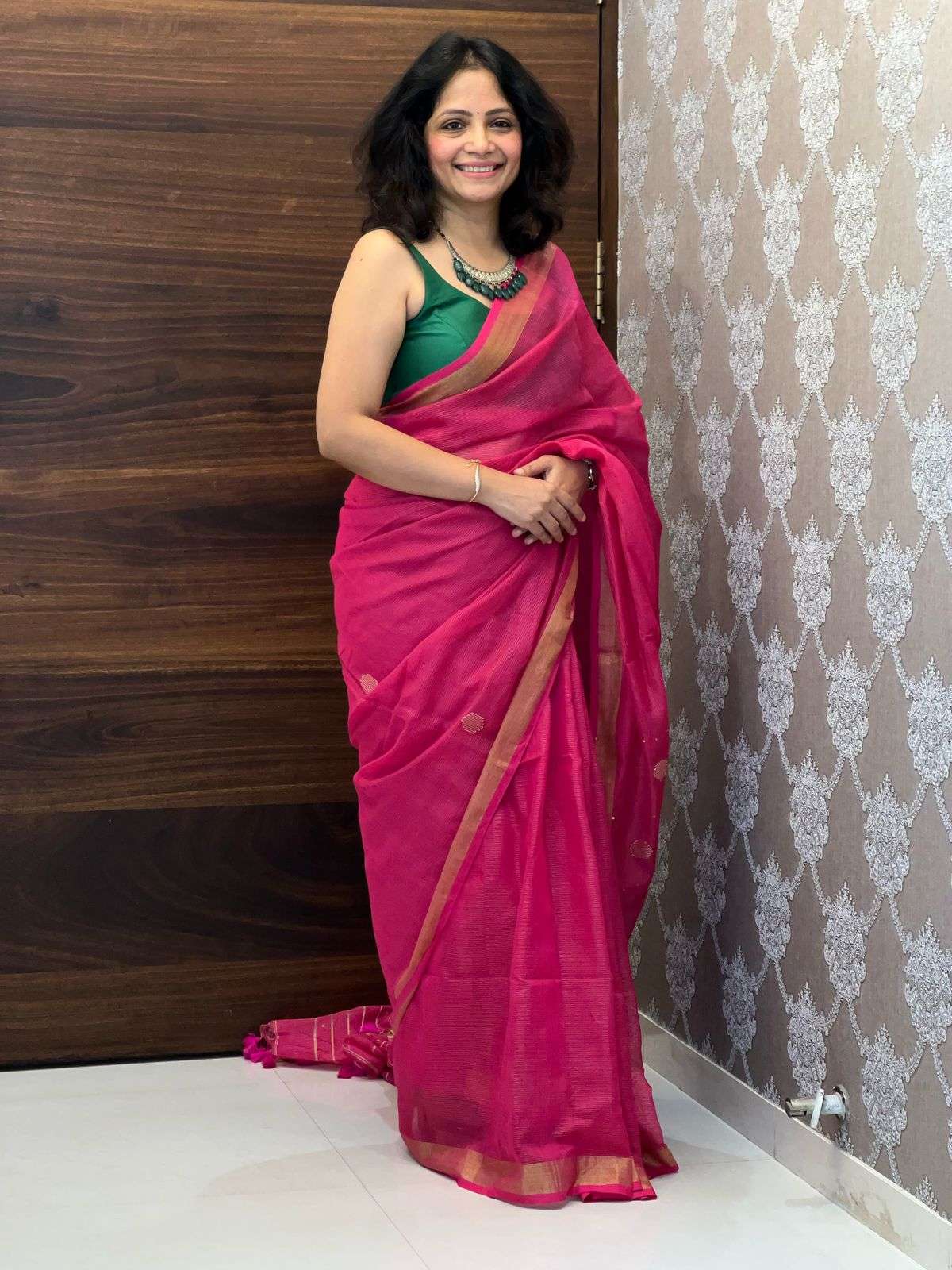 Bright Pink Colour Brocade tissue saree with sequence work