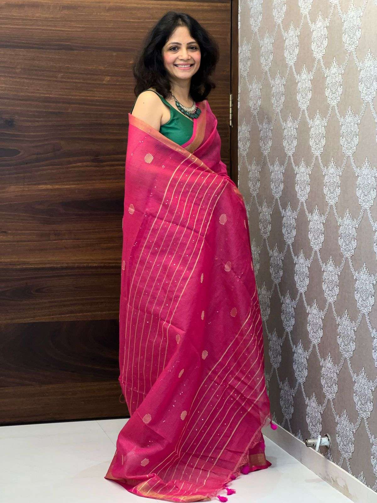 Bright Pink Colour Brocade tissue saree with sequence work