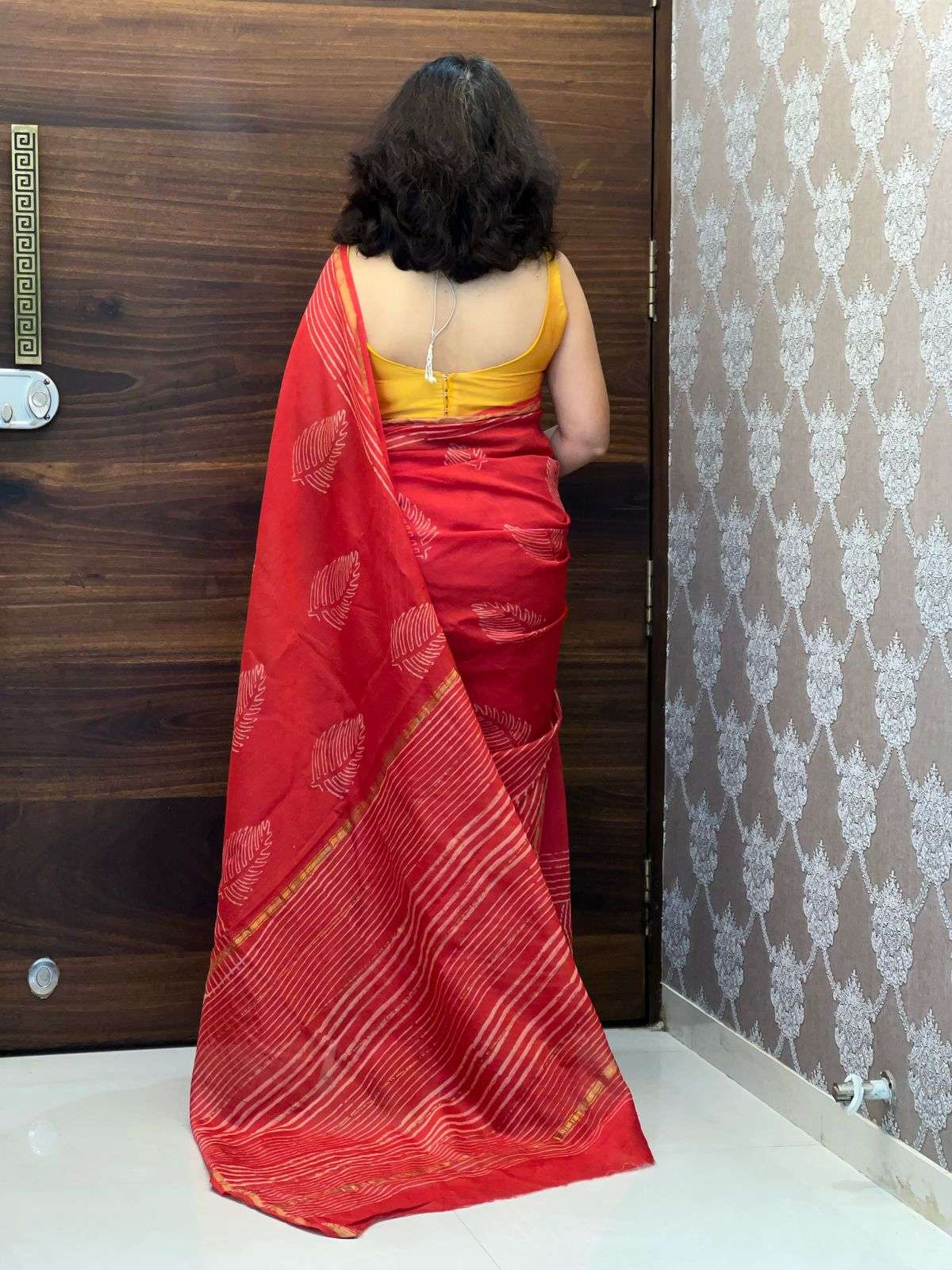 Red Color Hand block Printed Chanderi Silk