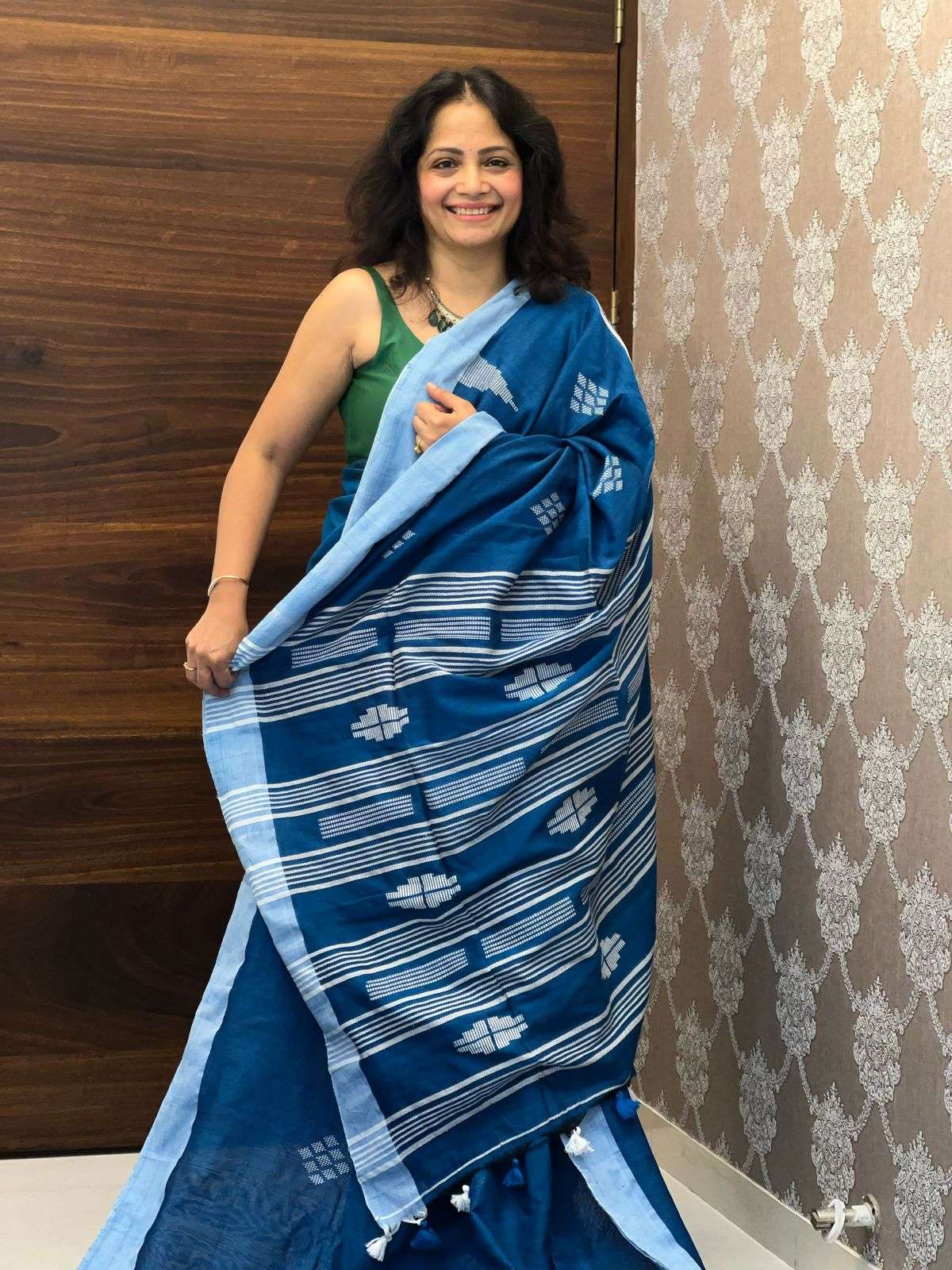 Blue Color Organic Linen Khadi Saree