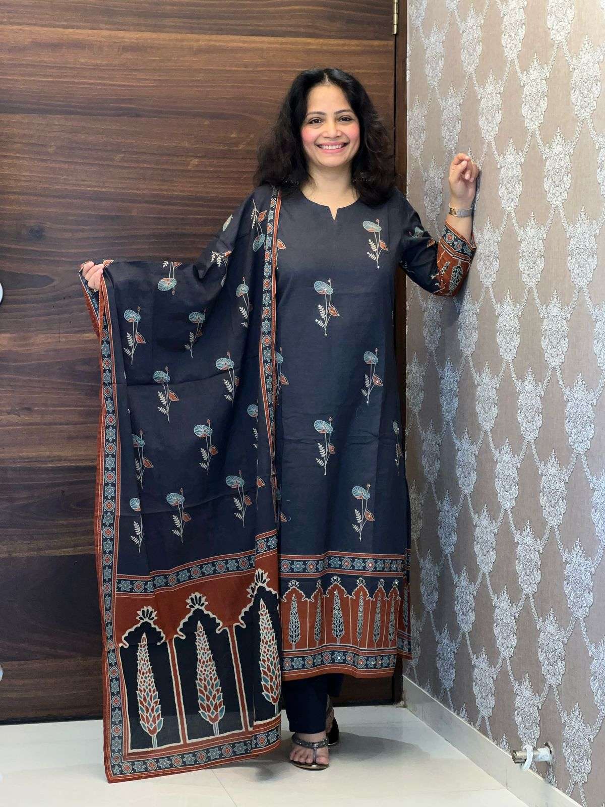 Grey Color Pure Ajrakh Premium Cotton Dupatta Set
