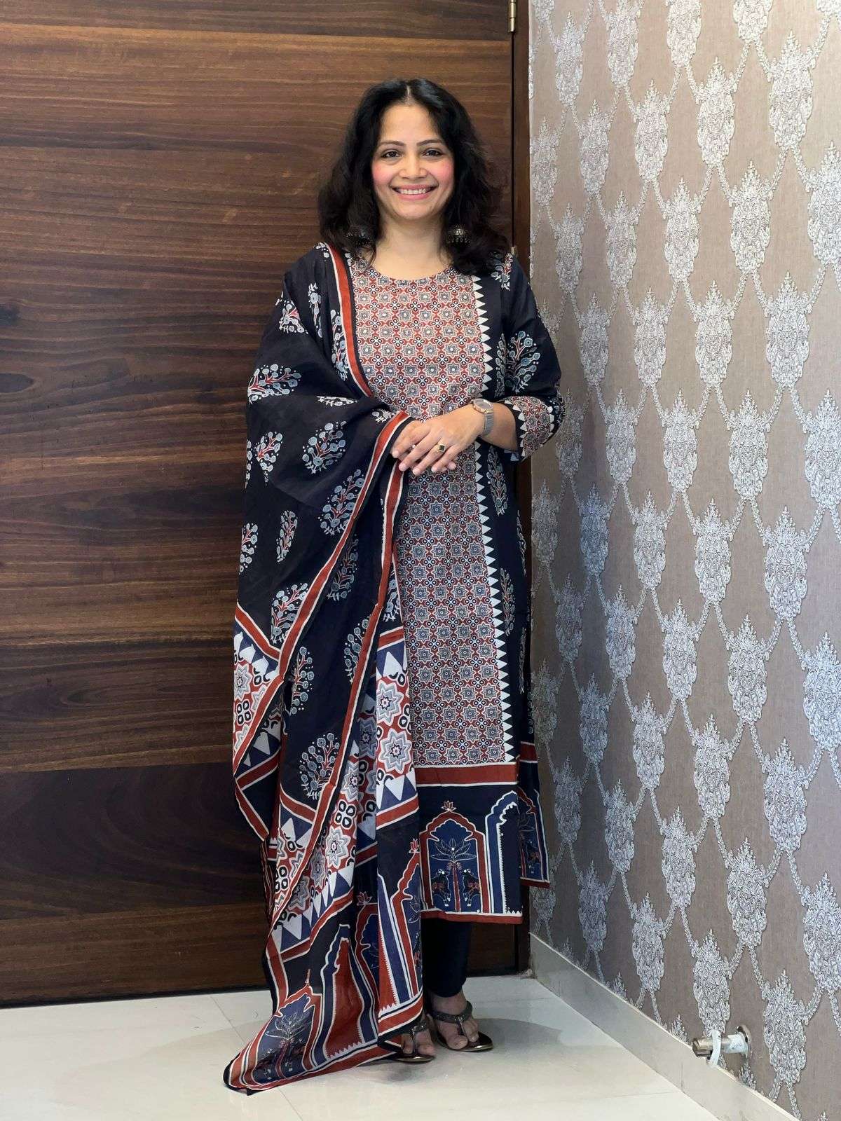Navy Blue Color Pure Ajrakh Premium Cotton Dupatta Set