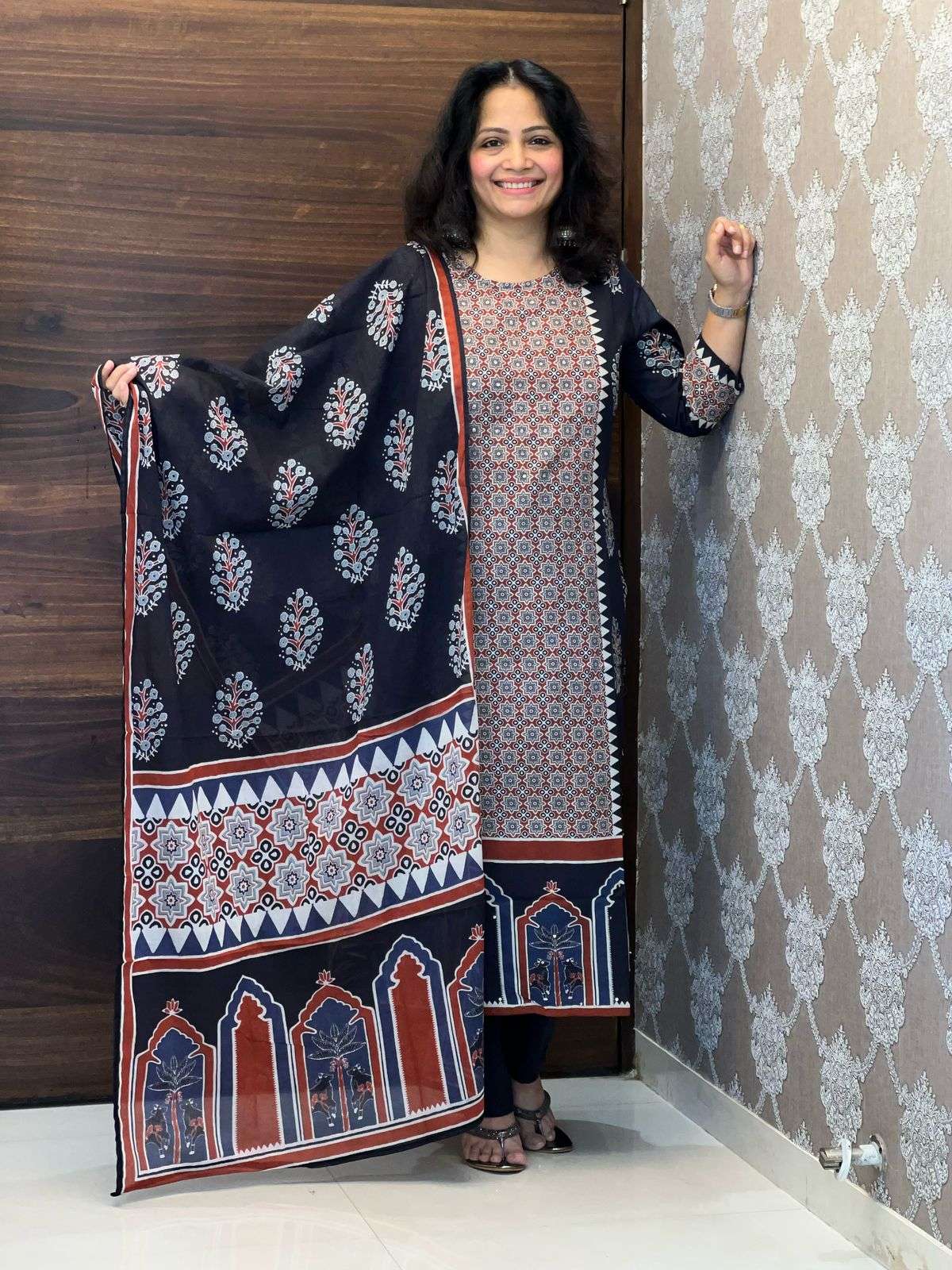 Navy Blue Color Pure Ajrakh Premium Cotton Dupatta Set