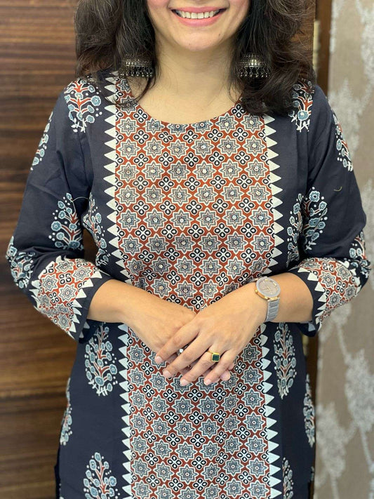 Navy Blue Color Pure Ajrakh Premium Cotton Dupatta Set