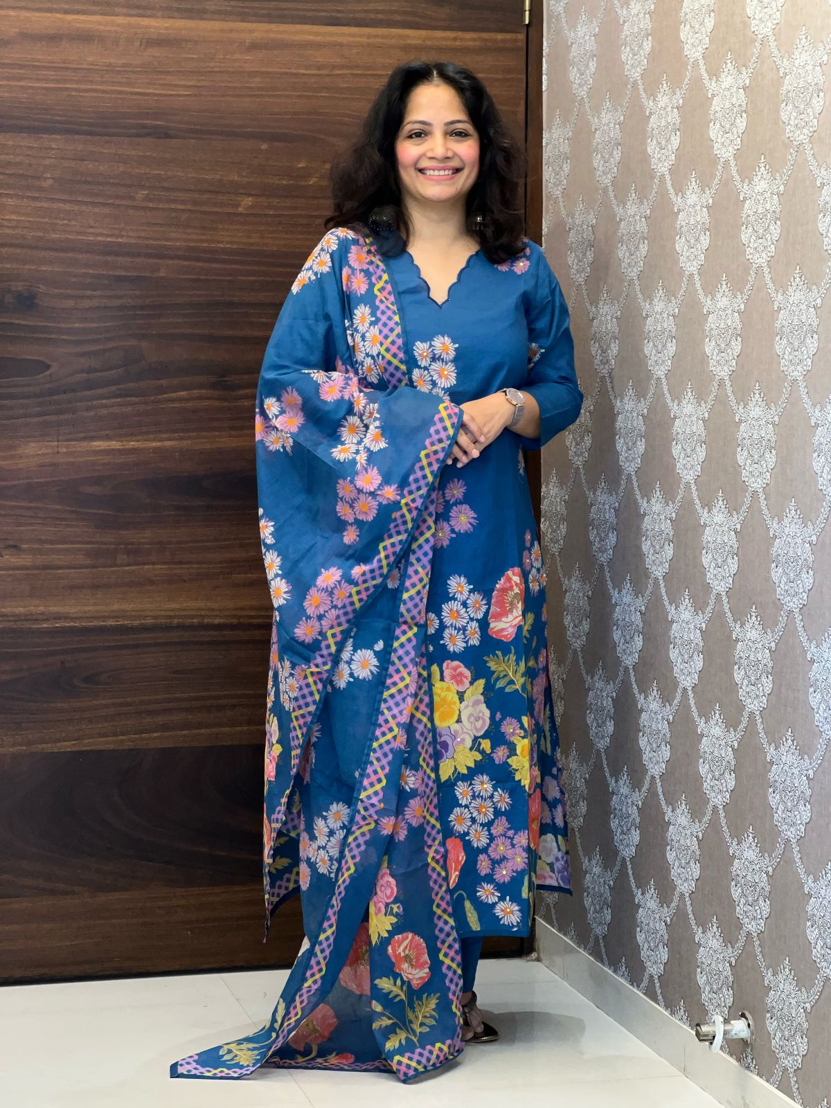 Blue Color Digital Print Premium Cotton Dupatta Set